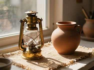 Handmade brass oil lamp and a clay pot resting on a jute cloth near a sunlit window, warm golden hour light, artisan workspace visible softly in background, close framing on objects