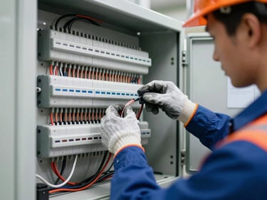 Close-up of an industrial electrician wiring a complex electrical control panel inside a modern facility, safety gloves, clean copper wires, technical focus.