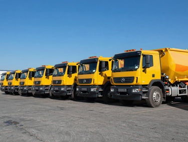 A row of clean, heavy-duty yellow construction trucks and mixers parked in a structured industrial yard, bright natural midday light, deep blue sky.