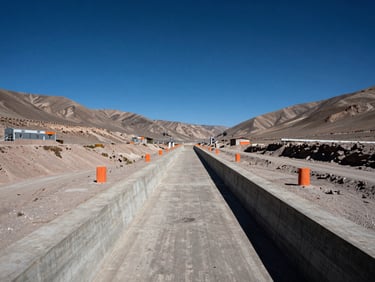 Wide-angle shot of a massive concrete irrigation canal cutting through a dry Peruvian valley, clear blue sky, high-contrast industrial documentary photography.