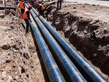 Close-up of industrial water pipes being laid in a deep trench by workers in orange safety vests and hard hats, dusty Peruvian terrain, midday sun, high contrast.