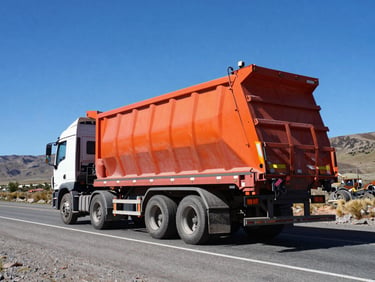 Camión volquete de gran tonelaje transitando por carretera afirmada en los Andes, tolva cargada