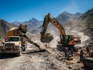 Low-angle heroic shot of heavy excavators and concrete mixers operating on a dusty highway construction site in the Peruvian Andes, harsh midday sun, safety orange accents on machinery