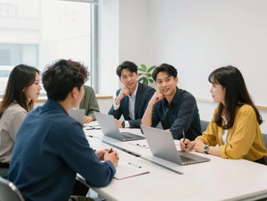 A collaborative team session in a modern, sun-filled conference room, professionals discussing strategy around a clean white table, natural candid expressions, 35mm