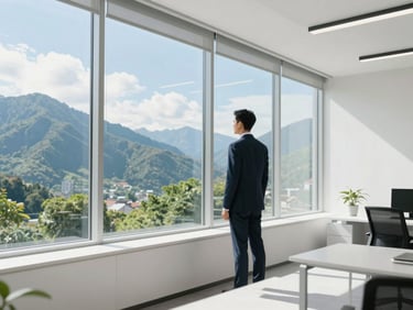 Bright daylight streaming through large windows of a contemporary office, a professional executive looking out over a mountain landscape, 35mm