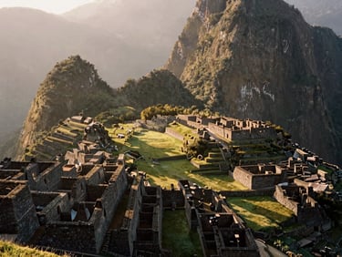 Close-up of ancient Inca masonry in Machu Picchu, dramatic morning mist, warm golden hour light, 35mm film