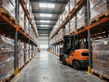 Wide environmental shot of a large warehouse interior showing deep racked aisles with stacked pallets, forklift-grade aisle width, cool natural skylight from high windows, clean concrete floor, operational scale visible
