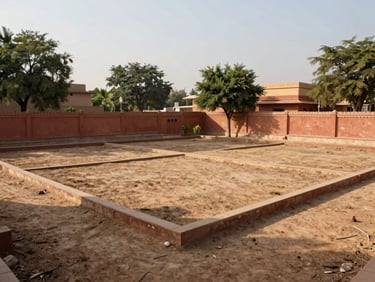 Wide-angle environmental shot of a cleared residential plot in Jaipur, marked boundaries, natural sunlight, surrounding green trees, 35mm lens.