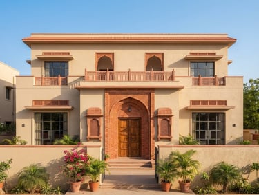 Straight-on architectural elevation of a modern Jaipur villa under bright afternoon sun, terracotta brick accents, clean sand-colored walls, 35mm lens