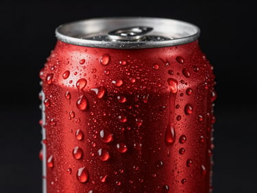Extreme close-up of a hyper-saturated red soda can dripping with condensation, harsh studio lighting, high contrast black background.