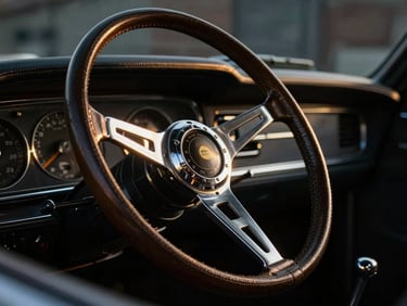 Tight detail shot of a vintage car's leather steering wheel and polished chrome shifter, moody warehouse lighting, highlighting texture and reflections.