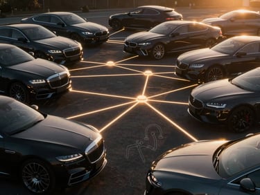 Abstract representation of data networks and luxury vehicles, dark tones, glowing lines connecting nodes.