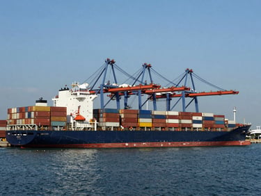 Wide environmental shot of a deep-water container port in Singapore, massive container ships, cranes, cool daylight, high contrast, 35mm lens