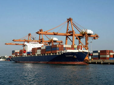 Wide environmental shot of a deep-water container port in Singapore, cool crisp daylight, sharp architectural shadows, container ships docked, 35mm lens