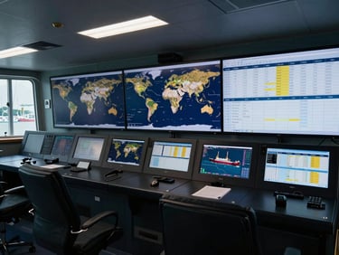 Wide angle view of a modern maritime control room in Singapore, cool daylight, high-resolution screens displaying global shipping routes and port logistics data