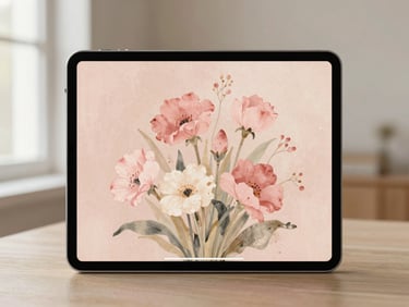 A close-up of a tablet screen displaying a floral painting inside a digital frame mockup, warm ambient light, neutral background