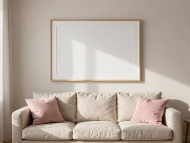 A beautifully staged Scandinavian living room with a large empty frame above a linen sofa, sun-drenched interior