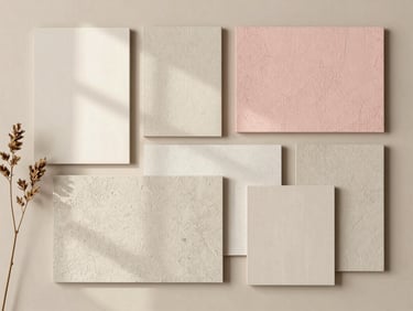 A moodboard of neutral wallpaper samples, textured plaster swatches, and dried botanical stems on a beige surface