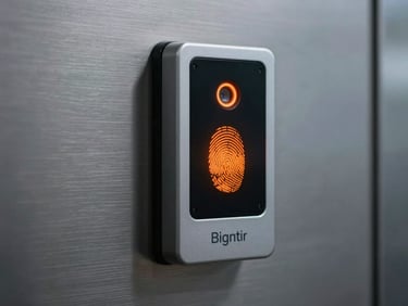Biometric access control terminal on a brushed metal wall, glowing orange fingerprint scanner, sharp focus.