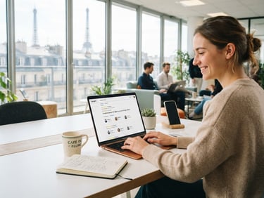 Bright editorial photography of a modern tech workspace in Paris, natural daylight pouring through large windows, clean white desks, a laptop displaying positive Google reviews with five stars, soft shadows, professional 35mm.
