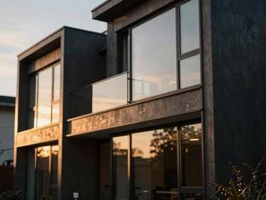Premium editorial photograph of a modern luxury home in Birmingham, warm golden-hour light reflecting off glass facades, shallow depth of field, 35mm