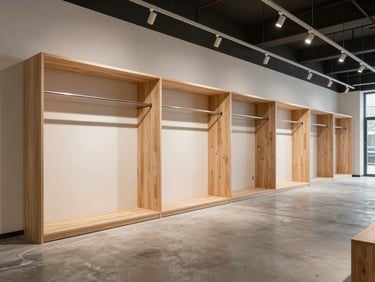 Wide-angle documentation of a near-complete retail interior fit-out, joinery units installed along one wall, recessed ceiling track visible overhead, daylight balanced lighting, clean concrete screed floor awaiting final finish