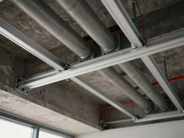 Close-up of a commercial ceiling MEP rough-in—ductwork, conduit, and lighting track running in parallel under a structural slab, photographed in daylight-balanced site conditions, clean and ordered