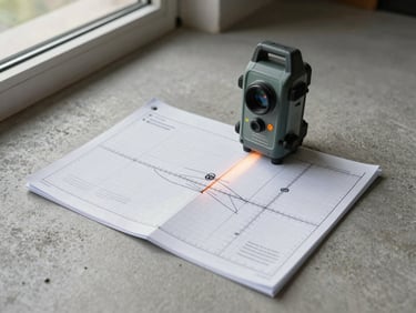 Overhead shot of a laser distance measure placed on a concrete floor beside a hand-annotated site survey sheet, daylight from a high window illuminating measurement marks and grid lines on the document