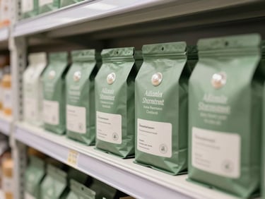 Professional editorial photography, soft natural daylight, clean composition, close-up of organized high-quality packaged goods on clean warehouse shelves, 35mm