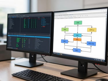 Macro shot of a dual-monitor workstation in a bright corporate office, displaying complex security console logs and GRC architecture flowcharts, clean daylight.