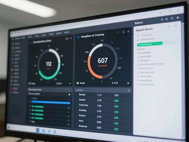 Macro shot of a high-resolution security dashboard showing compliance metrics, clean technical interface, cool daylight, sharp focus.