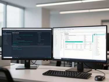 A close-up of a dual-monitor workstation displaying complex Oracle security configuration logs and compliance dashboards in a bright, clean corporate office, straight-on architectural angle.