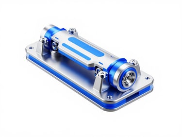 A 3D render of a mechanical CAD assembly model, electric blue highlights on polished metal surfaces, white background, octane render, 8k