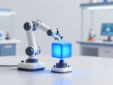 A 3D render of a miniature robotic arm assembling a glowing blue cube, educational STEM lab concept, octane render, 8k