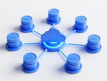 A 3D render of interconnected database nodes and cloud storage symbols, glowing blue network lines, octane render, 8k