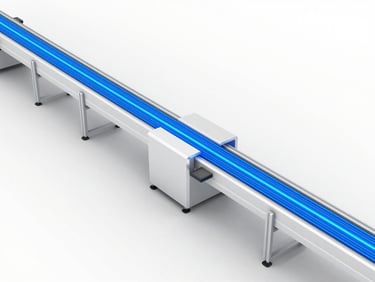 3d render of a modern automated factory assembly line, glowing blue sensor paths, clean white aesthetic