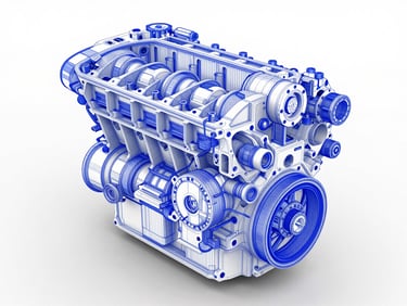 3d render of a complex mechanical engine block with precise blue CAD lines, white background, high-tech engineering