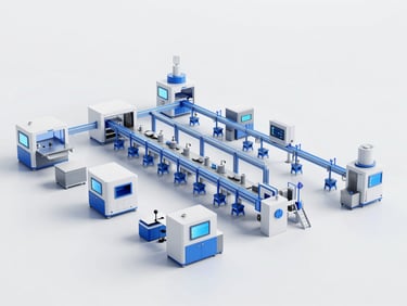A 3D render of a modern smart factory layout with miniature industrial machinery, electric blue accents, octane render, 8k