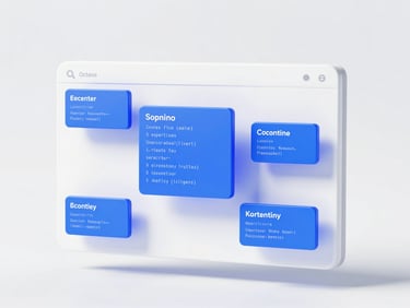3d render of a clean web application interface layout with floating blue code blocks, white background, octane render