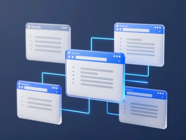 A 3D render of floating translucent code blocks and web browser windows, glowing electric blue lines, octane render, 8k