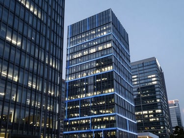 Abstract architectural lines of a modern business district at dusk, electric blue accents from building lights, sharp focus, conveying technological advancement.