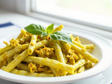 Close-up of vibrant yellow Batak arsik babi dish with long beans and basil leaves, served in a white ceramic bowl, bright natural window light, 45-degree macro shot.