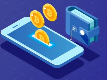 iPhone displaying digital Bitcoins connected to a crypto wallet app on screen.