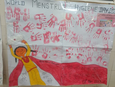 World Menstrual Hygiene Day with hand drawn girl in yellow dress and lots of red handprints.