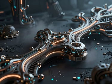Kinowy render 3D, zbliżenie na skomplikowaną, organiczną strukturę proceduralną z neonowymi akcentami świetlnymi, ciemne tło, volumetric fog, 8k