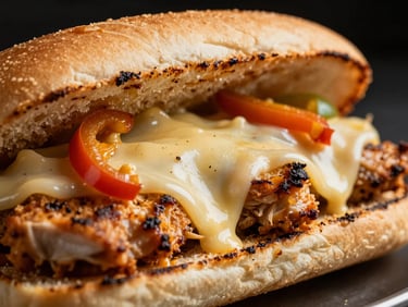 Extreme close-up of a loaded Chicken Philly, melted provolone cheese oozing over grilled chicken and peppers, on a toasted hoagie, with dramatic lighting.