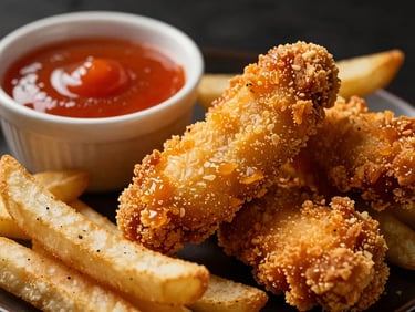 Close-up of golden crispy chicken tenders and seasoned fries, with a vibrant dipping sauce, on a dark background with dramatic lighting.