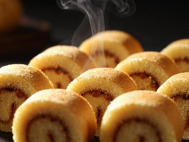 Macro shot of freshly cut Soul Rolls, steam rising, showcasing the savory filling, on a deep black background with dramatic chiaroscuro lighting.