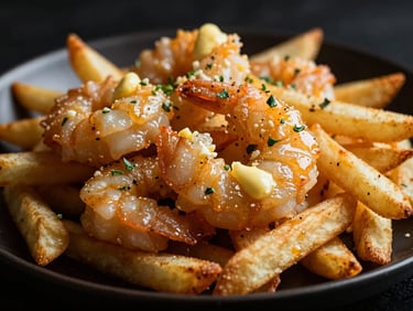 Close-up of glistening garlic butter scampi, sautéed with herbs, served over seasoned fries, on a dark plate with high-contrast chiaroscuro lighting.