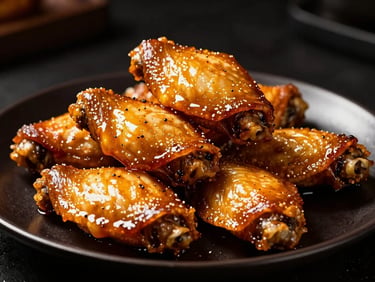Heroic low-angle shot of six glistening jumbo crispy wings, sauced to perfection, piled high on a dark plate with dramatic chiaroscuro lighting.